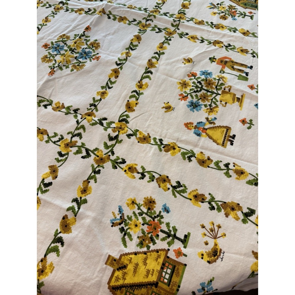 Vtg Folk Art Tablecloth Grid‎ With Farmer & Wife Cottage Flowers Bird 50" X 64"